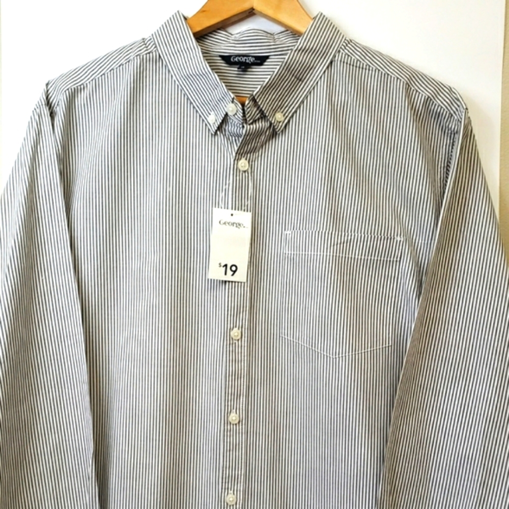 George Brown and White Stripes Poplin Long Sleeves Dress Shirts for Men XL